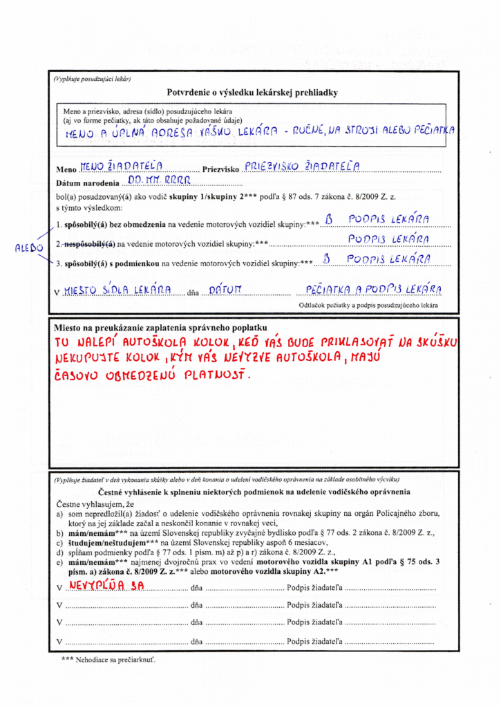 Oficiálna prihláška do autoškoly – vzor vyplnenia zadnej strany žiadosti.